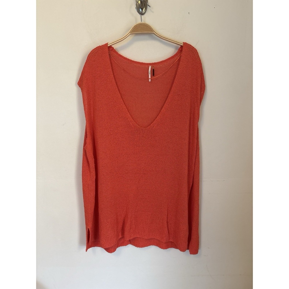 Free People Oversized Sleeveless Sweatshirt Boho Knit V-Neck Large Orange